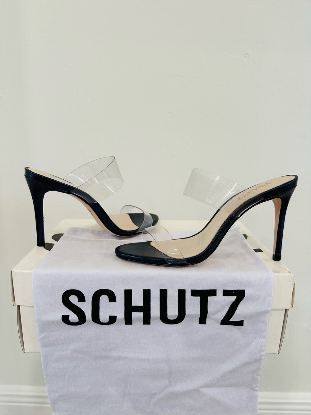 SCHUTZ Blue Stiletto with Clear Vinyl Straps